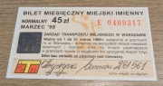 Bilet miesięczny imienny na III. 1998 rok