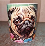 kubek z mopsem i kwiatami. 330 ml.