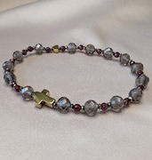 Bransoletka różaniec kamienie kwarc dymny krzyżyk serduszko prezent pamiątk