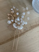 Elegancka OZDOBA DO WŁOSÓW złota perły kryształki kwiaty listki dł.10 cm