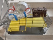 Klatka dla chomika, domek, kołowrotek, tunel, poidełko, ziarno, trociny