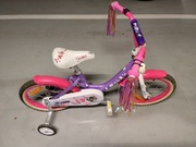 Rower dziecięcy fioletowo-różowy koła 16" + kółka boczne i prowadnik