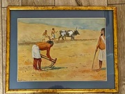 Obraz antyk (Prace w Polu - Egipt) malowany akwarelą,sygnowany, złota rama 