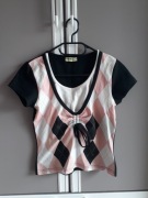 Bluzka z krótkim rękawem koszulka w kratę kratkę ze ściągaczem vintage S/M