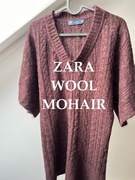 Sweter Zara oversize z wełną i moherem burgundy V-neck zima wiosna