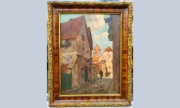 Obraz olejny, uliczka w miasteczku, architektura niemiecka, 1920 061