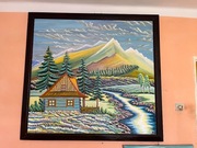 ,, Dom drewniany przy rzece ’’ obraz olejny