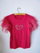 Bluzka dziewczęca rozmiar 14 różowa z serduszkiem tiulowe rękawy elegancka