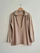 Beżowy sweter z dekoltem V kremowy sweter z kołnierzykiem wełniany M 38