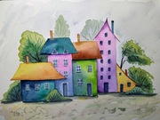 Akwarela, obraz kolorowe domki, A4