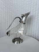 Szklana karafka do wina/alkoholu w kształcie kaczki, vintage, szkło i metal