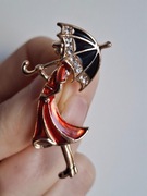 Broszka, przypinka dama z parasolką,vintage 