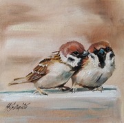 A.Giża  MAZURKI - ZALOTY ? obraz olejny 20/20 cm PTAK PTAKI 