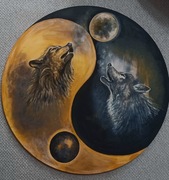 Dwa księżyce Akryl na płótnie  średnica 100 cm