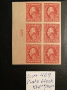 USA Scott 409 MNH**/ MH* Plate Block , szóstka z numerem . Nieperforowane 