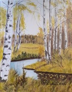 OBRAZ RĘCZNIE MALOWANY PEJZAŻ AKRYLOWY "BRZOZOWA PRZYSTAŃ" - 24x30cm