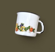 Duży kubek/garnuszek emaliowany PRL, ludowy/folkowy wzór 0.7L nowy 