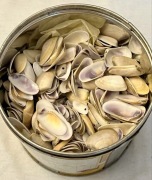 STARA PUSZKA Z SETKAMI MUSZELEK CEKINOWYCH