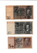 Niemcy III Rzesza - Zestaw 3 BANKNOTÓW 5 10 20 Marek