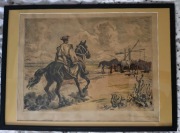 Konie csikos jeździec grafika kolorowana duża oprawiona vintage