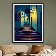 Tunezja - uliczka w Sidi Bou Said o zmierzchu - art déco plakat 40x60cm
