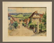 Kolorowe miasteczko w górach podpisany 1966r akwarela 81/66,5cm