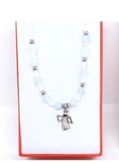 BRANSOLETKA KOMUNIA KAMIEŃ AKWAMARYN ANIOŁ STOPER POSREBRZANY PUDEŁKO