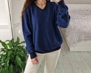 Signal niebieski granatowy sweter w paski wełniany 80% wełna L