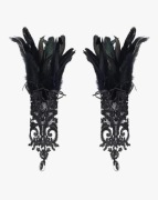 GOTHIC gloves, nowe rękawiczki, czarna koronka, czarne pióra, 37 cm dł.