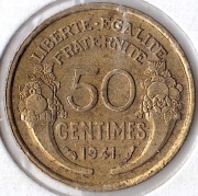 FRANCJA , 50 centimes 1941, KM# 894.1, XF