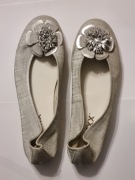 Buty srebrne, połysk, FLEXX, ozdobne kwiatki