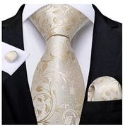 Elegancki Zestaw Krawat Poszetka Spinki Wesele - Szampański Złoty 1167