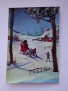 Widokówka 3D stara - powóz z końmi jadące w śniegu przez wieś