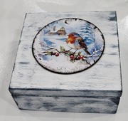 Szkatułka pudełko skrzynka kufer zima ptaszek rękodzieło  Boże Narodzenie 