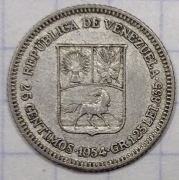 #2736 Wenezuela 25 centymów 1954 srebro piękna 