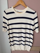 Kremowa bluzka dzianinowa w granatowe paski, krótki rękaw, Zara - L