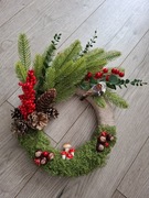 Wianek stroik jesień święta mech muchomorki grzyby ptaszek szyszki