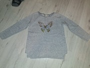 Ciepła szara bluzka lub bluza z cekinowym motylem jesień zima r.134 bawełna