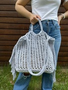 Szara boho torba na ramię z bawełnianego sznurka, ręcznie robiona