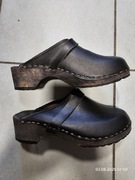 Po wystawowe chodaki damskie drewno skóra czarne klompen