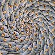 Tingatinga obraz z Zanzibaru, autentyczny 100x100 cm. RYBY w SPIRALI