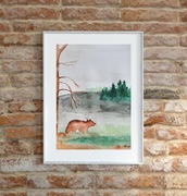 Akwarela A4 "Niedźwiadek na skraju lasu", malowana ręcznie, góry, mglisty