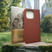 Etui + szkło iPhone 15 Pro Max, YIKATU, skórzane, ręcznie szyte, bordowe