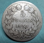 Moneta srebrna Francja 5 franków 1839 A Ludwik Filip wieniec