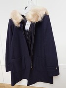 Granatowy płaszcz z kapturem i futerkiem firmy Mango - XS (nowy)