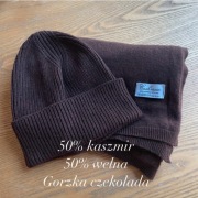 Szal i czapka brąz brązowy czekolada Cashmere 50% kaszmir 50% wełna
