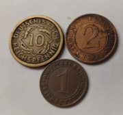 Monety NIEMCY 1 pfennig 1935 D, 2 pfninng 1936 D, 10 pfeninng 1924 F