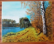 KRAJOBRAZ WIERZBĄ NAD WODĄ - OBRAZ OLEJNY NA PŁÓTNIE 24X30 cm BEZ RAMY