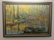 Obraz olejny w ramię drewnianej ze złotą sztukaterią. Autor Daniel Gromacki