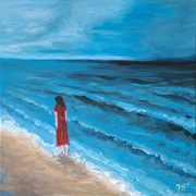 Obraz ręcznie malowany na płótnie NAD MORZEM W CZERWONEJ SUKIENCE